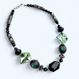 Chunky Beaded Necklace Black, Silver and Green Tones 18 inches